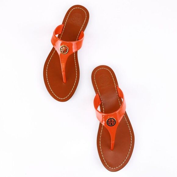 Tory Burch CAMERON Patent Leather Thong Fire Orange 5.5 - Picture 3 of 11
